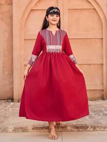 SHEIN Dark Red Tween Girl Long Sleeve Dress,Autumn Boho Party Traditional Arabic Style Retro Pattern Patchwork,Elegant Embroidery & Lace Trim Flared Hem - Red - View 6