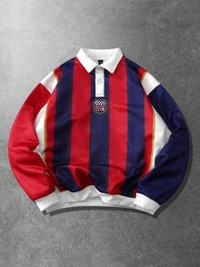 ROMWE MEN 男士套头卫衣，秋冬季，撞色Logo印花拼接卫衣 - 紅色 - 查看 1