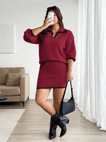 SHEIN LUNE Plus Size Women 2-Piece Set, Long Sleeve Color Block Collared V-Neck Sweater Top And Mini Skirt Sweater Dress, Casual Elegant Knit Suit - Burgundy - View 3