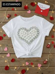 Mujer casual camiseta estampado gráfico love corazón amor día san Valentín cerezas cereza enamorados pareja linda tierna cute rayas rayones dibujo letras creativo ajuste regular cuello redondo manga corta primavera erano uso diario comoda fresca ligera - Blanco - Ver 1