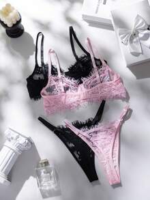 4pcs Women's Romantic Sexy Sheer Lace Underwire Bra And Panty Set - Multicolor - View 2