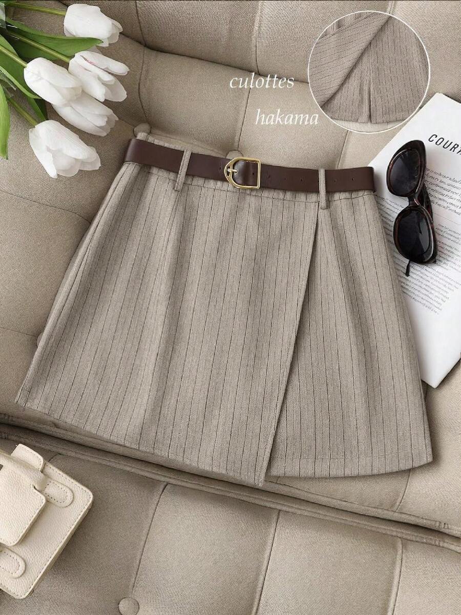 SHEIN Franclia Short rayé décontracté pour femme, convient pour le travail et les déplacements - Kaki - Voir 1