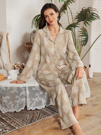 SHEIN 度假风女士常规肩长袖纽扣前开襟休闲舒适睡衣套装