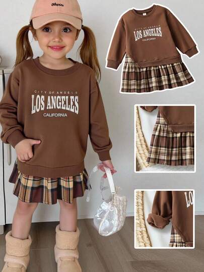 SHEIN 少女撞色长袖休闲连衣裙，校服裙，卫衣裙，秋冬款