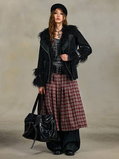 Goth Women's Fashionable Patchwork Belt Zipper Jacket, Winter