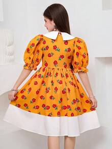 SHEIN Tween Girl Woven Floral Colorblock Beaded Doll Collar Puff Sleeve Cinched Waist Mid-Length Dress, Suitable For Travel, Vacation, Countryside Style, Casual Resort, Boho, Matching Sister & Daughter, Yellow Dress, Kids Dresses Puff Sleeve, Girls Matching Dresses, Girls Puff Sleeve Dress - Yellow - View 9