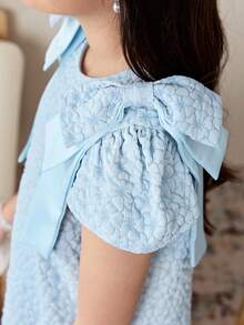 SHEIN Tween Girl Elegant Jacquard Floral Pattern Bow Decor A-Line Dress,Summer Light Blue Party Church Matching Dresses For Little Girls - Blue - View 7