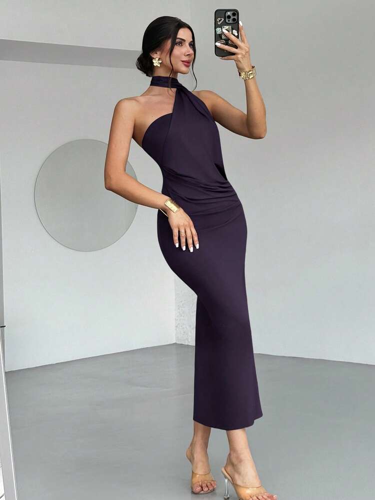 Firerie Vestido Solto com Manga Assimétrica Flare Marrom Mocha para Mulheres, Vestido Casual da Moda, Adequado para Uso Diário na Primavera/Verão, Elegante, Sexy, Férias, Praia, Boho, Havaí, Festival de Música, Festa, Trabalho - Azul Marinho - Visão 7