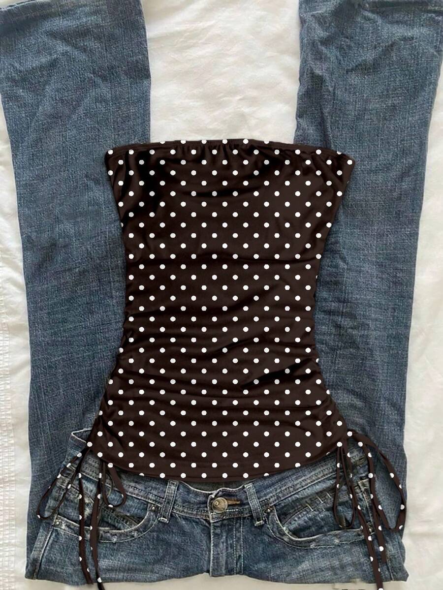 Comfortcana Women's Casual Drawstring Tie-Front Cropped Tube Top - Brown - View 1