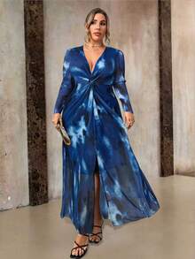 Roveilla Elegant Plus Size V Neck Long Sleeve A Line Maxi Dress In Navy Blue With Random Print - Navy Blue - View 5