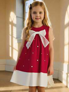PrepCrw 1pc Young Girls Elegant Urban School Style Bow & Pearl Decor Crew Neck Sleeveless Knit Christmas Red Dress, Suitable For Outings, Gatherings, Holidays, Parties, Autumn, Winter, Spring, Summer, Valentine's Day Strawberry Dresses For Girls Bow Dress For Girls Girls Sleeveless Aline Casual Dress Girls Dress With Pearls Christmas Dress For Girls Valentine's Day Girls Dress Red White