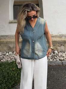 Jeta Ari 1pc Button Front Vest Denim Top - Light Wash - View 6