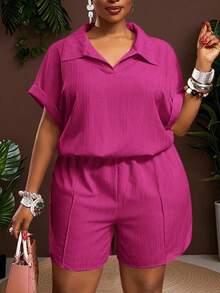 Veslaya 秋冬新品，女士秋冬服装，万圣节，音乐节，复活节，西部风，游牧风，生日派对，毕业典礼，学生装，日常休闲，度假，邮轮旅行，海滩，日光浴，潮流单品，女士大码黄色罗纹Polo领宽松短袖短裤套装，大码短裤套装 - 玫紅色 - 查看 4