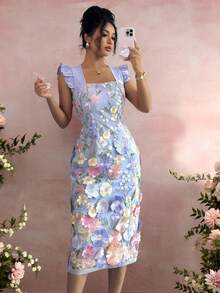 Rafferiza Women's Elegant Fashion Party Banquet Ribbon Strap Embroidery 3D Flower Cinched Waist A-Line Midi Lace Dress, Spring/Summer Flower Dress Woman Embroidered Floral Dress - Multicolor - View 8