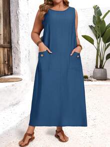 EMERY ROSE Plus Size Summer Casual Solid Color Sleeveless Dress With Dual Pockets, Breathable & Soft/Spring/Vacation - Blue - View 6