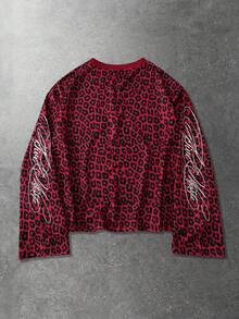 ROMWE MEN Men's Leopard Print Texture English Graphic Long Sleeve T-Shirt, Casual Streetwear - Red - View 2