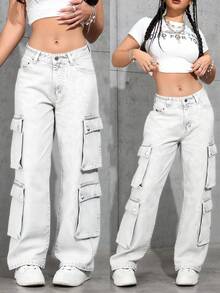 RED MARINE Pantalones Largos de Mujer Estilo Denim con Múltiples Bolsillos - Pantalones Rectos de Moda para Mujeres - Blanco - Ver 1