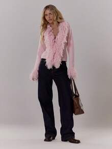 MUSERA Áo khoác cardigan dệt kim viền xù, ôm dáng, ấm áp, mềm mại, dễ thương, phong cách thường ngày, thích hợp cho quán cà phê, câu lạc bộ, mùa đông, lễ tình nhân, thanh lịch, mùa xuân, mùa hè, kỳ nghỉ, lễ hội. - Hồng - Xem 2