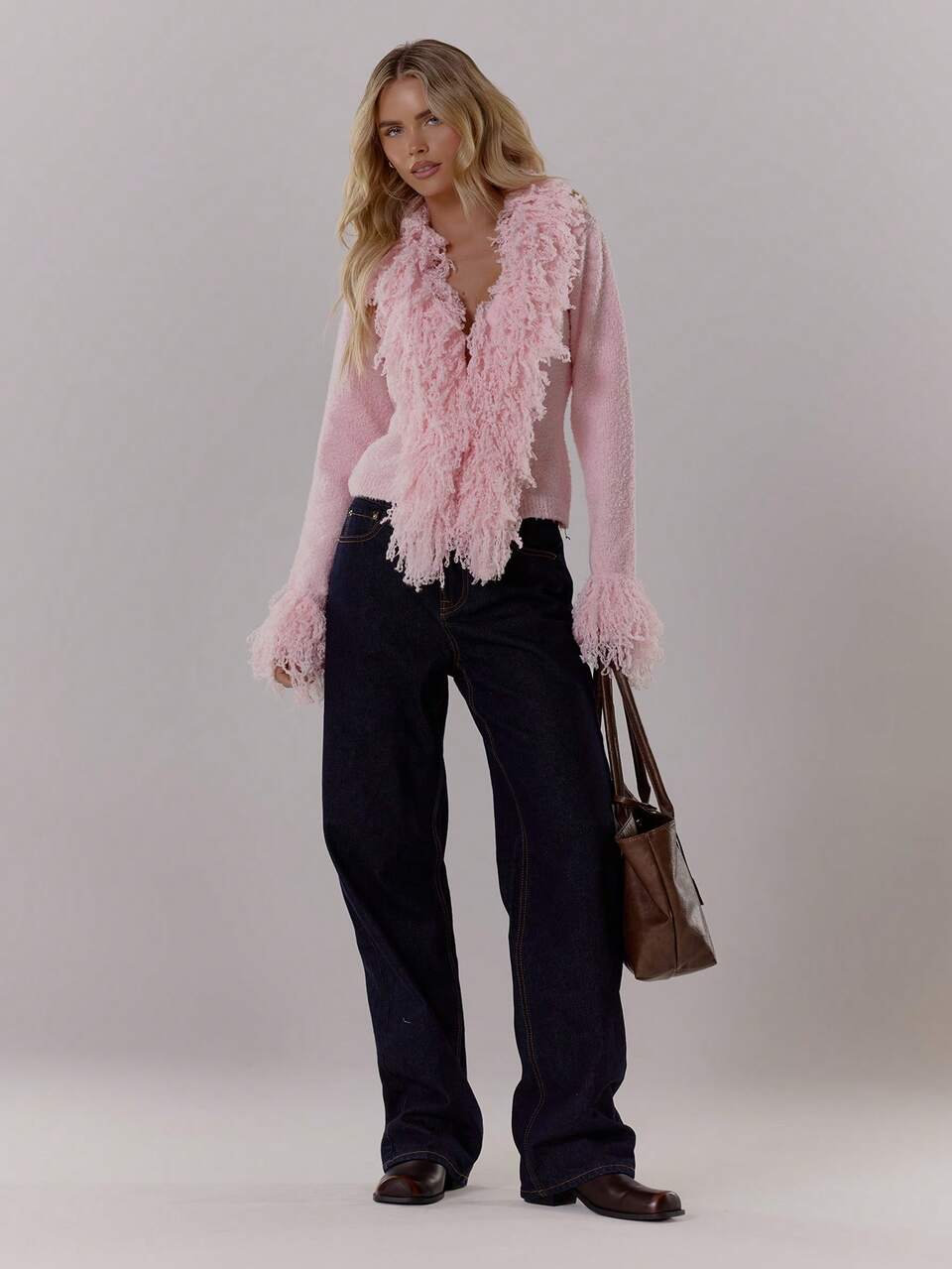 Baby Pink Knit Shaggy Trim Clasp Front Fitted Cardigan