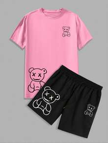 Manfinity Homme Men's Two Piece Set Funny Bear Print T-Shirt And Shorts, Going Out Track Suit, Boyfriend Gift, Cozy Outfits