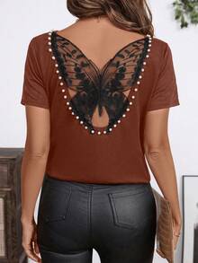SHEIN Clasi Áo thun nữ tay ngắn dệt kim họa tiết bướm, ren, khoét rỗng và đính cườm, thích hợp cho mùa xuân/hè. - Rỉ Nâu - Xem 3