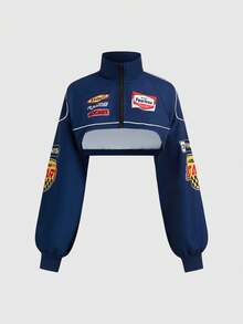 ROMWE Street Life Vintage Motorcycle Racing Cropped Vest Top - Navy Blue - View 1