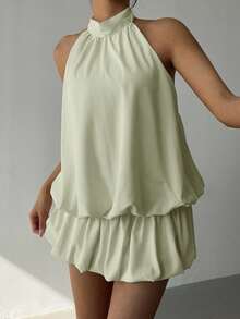 Aloruh Women's Simple Solid Color Halter Backless Bubble Hem Mini Dress, Summer - Green - View 4
