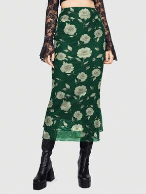 Sweetness Women's Elegant Floral Print High Waist Ruffle Hem Fitted Skirt, Vacation Style