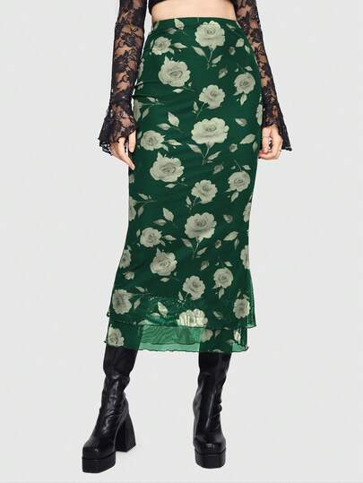 Sweetness Jupe ajustée à taille haute avec volants et imprimé floral élégant, style vacances