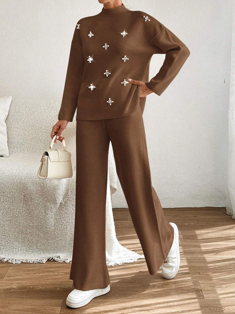 EURMUSE Women Sweater With Pearl Detailed And Knit Pant - Brown - View 1