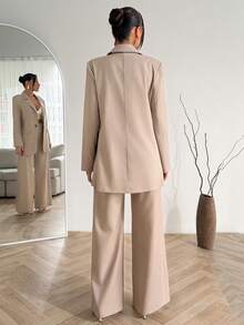 EURMUSE 女士阔腿西装套装 – 女士经典西装外套和长裤，优雅商务套装，宽松版型专业套装，现代办公室着装，时尚正式套装，永不过时的中性色两件套，剪裁精良的职业套装，别致的工作装，百搭的职业服装，精致简约风格 - 棕色 - 查看 7