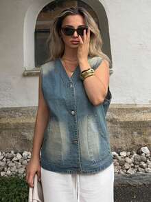 Jeta Ari 1pc Button Front Vest Denim Top - Light Wash - View 1