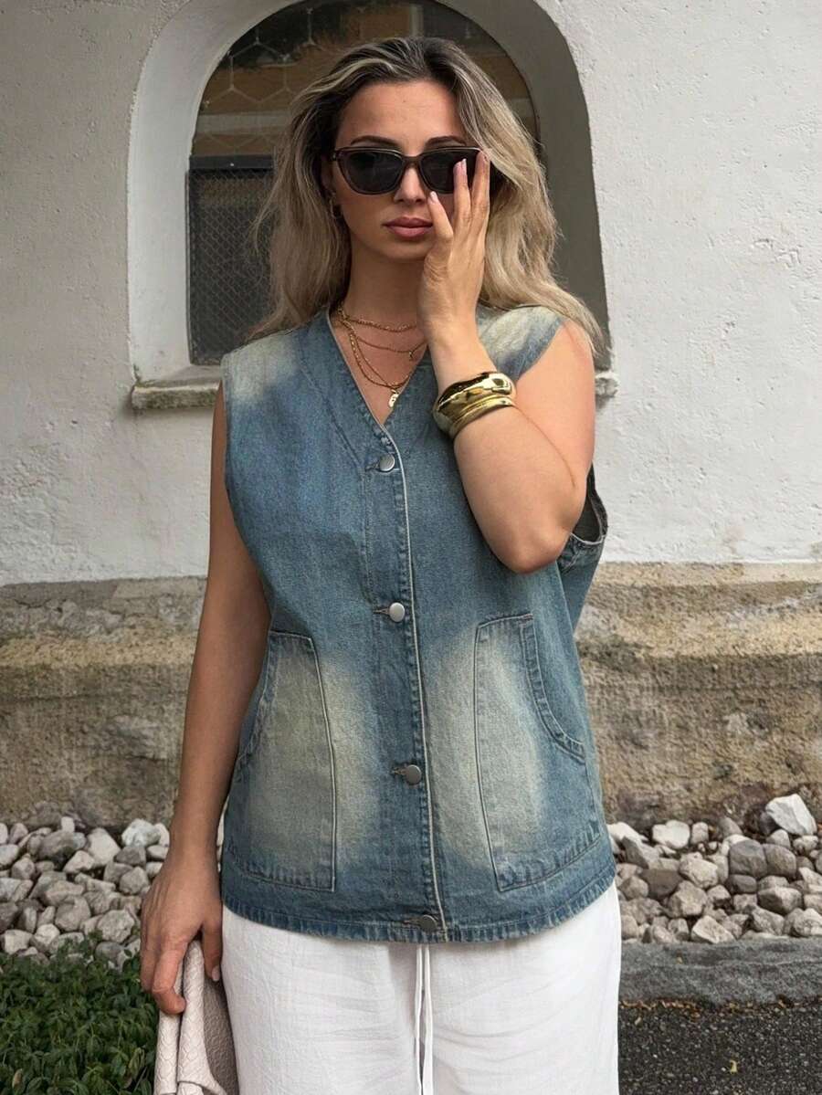 Jeta Ari 1pc Button Front Vest Denim Top - Light Wash - View 1