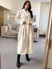 Firerie 女士优雅杏色花苞袖翻领长款大衣，双排扣翻领，优雅休闲，适合日常通勤、商务、浪漫约会、派对等场合，全新秋冬系列，女士冬季/机场/假日/精致优雅冬季外套/仿皮草外套/晚宴/办公室/度假，保暖，常规版型，秋冬 - 杏色 - 查看 4