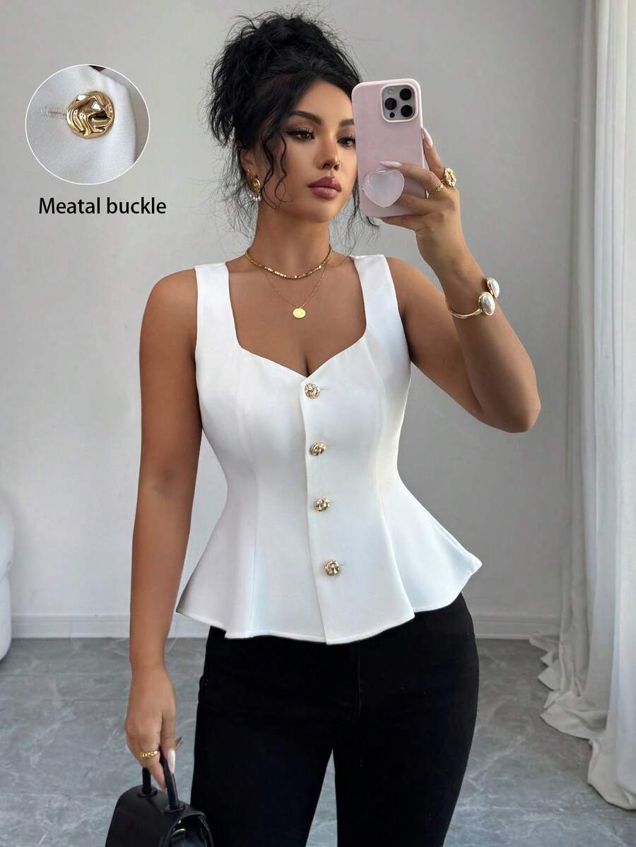 Elenzga Women's Sweetheart Neck Front Button Down Sleeveless Blouse Shirt With Waist Cinching, Elegant French Retro Style For Commute, Business, Vacation, Casual, Versatile, Spring/Summer New Arrival - White - View 1