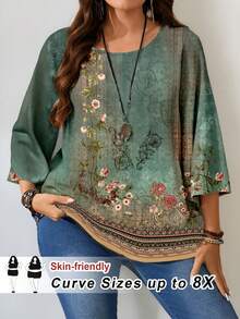 SHEIN CURVE+ Women Plus Size Casual All-Over Print Loose Fit Round Neck 3/4 Sleeve Blouse, For Summer - Multicolor - View 1