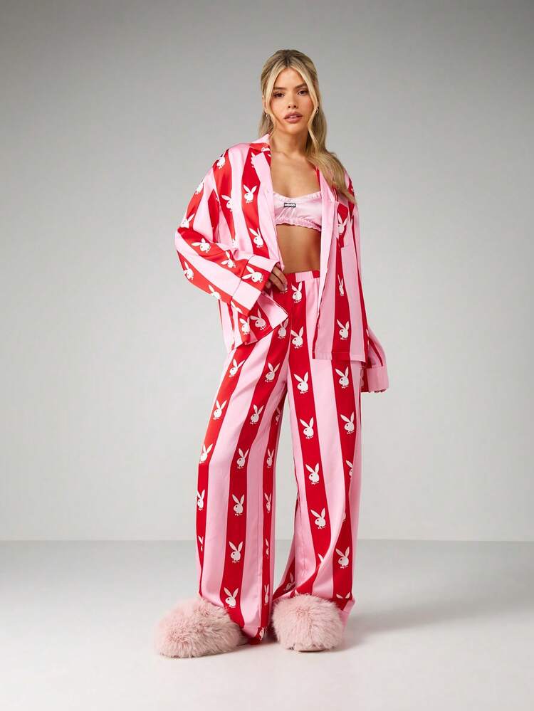 Missguided x Playboy Striped Bunny Logo Print Long Sleeve Shirt And Wide Leg Trouser Pajama Co-Ord Set For Loungewear Sleep And Comfort