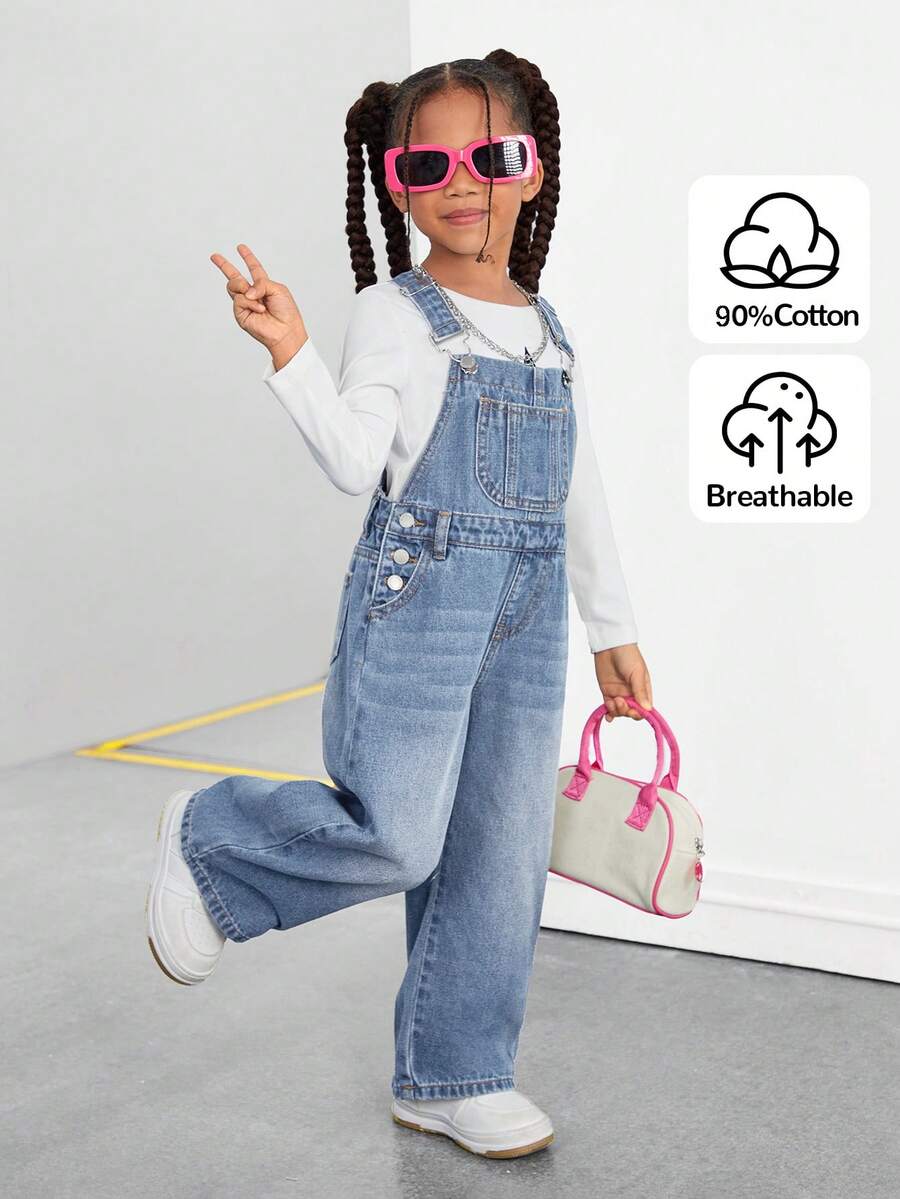 SHEIN Bộ quần yếm denim màu xanh dương thoải mái, thoáng khí, đa năng dành cho bé gái. - Rửa nhẹ - Xem 1