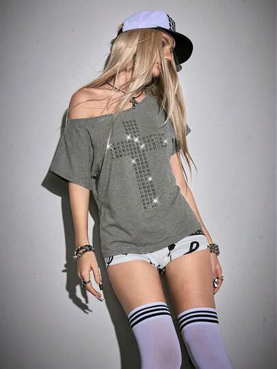 Grunge Punk Y2K Punk Cross Rivet Design Laser Cut Loose Fit Solid Color Casual T-Shirt
