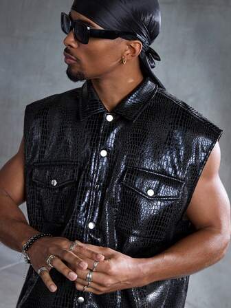 Grunge Punk Herren Sommer Mode Straßen-Look PU Leder Krokodil Prägung Knopf Vorderweste