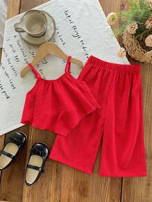 SHEIN LMoss Kids 2件套女婴纯色无袖上衣和宽松休闲裤套装 - 紅色 - 查看 5