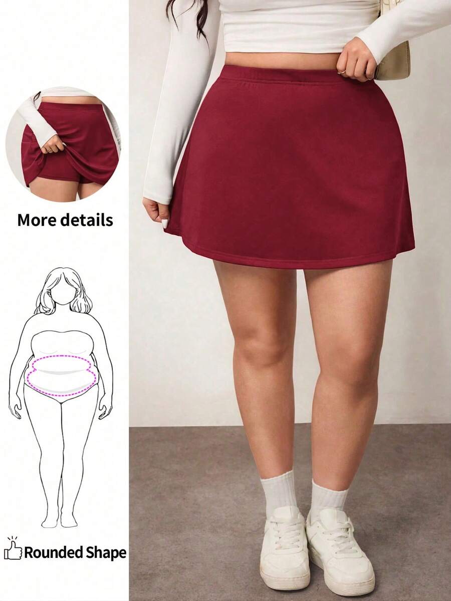 Enliva Rok Kasual A-Line Polos Warna-warni Ukuran Plus untuk Wanita (Dengan Celana Pendek), Cocok untuk Lekuk Tubuh Bulat di Tahun Baru 2026, untuk Bentuk Tubuh Apel & Bulat - Burgundy - View 1