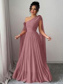 Rafferiza Red Ruched Ruffle Mesh Dress, Elegant Party Gown With Extra Long Sleeves, Suitable For Valentine's Day - Dusty Pink - View 6