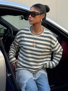 Muchica Women's Striped Print Loose Fit Crew Neck Long Sleeve T-Shirt, Striped Long Sleeve Striped Long Sleeve Top Womens Casual Top - Multicolor - View 4