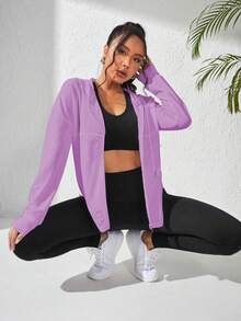 SHEIN Sports 女士纯色落肩长袖拉链前袋连帽运动夹克 - 紫色 - 查看 4