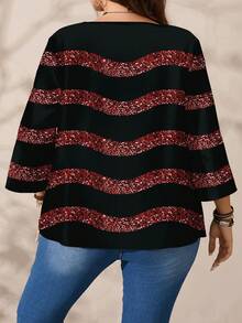 EMERY ROSE Plus Size Women Casual All-Over Print Round Neck Loose 3/4 Sleeve Shirt, Autumn/Winter Spring - Multicolor - View 4