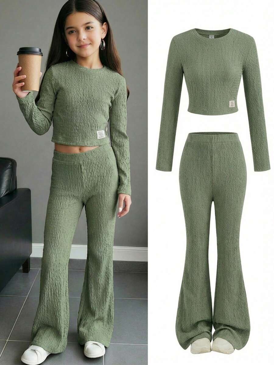 SHEIN 2pcs Tween Girls Casual Set: Crew Neck Long Sleeve T-Shirt + Flare Pants, Autumn/Winter Outfit - Army Green - View 1