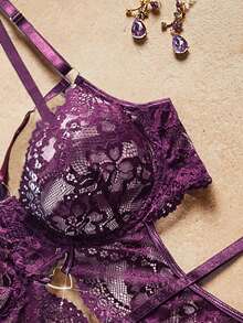 Bộ đồ lót garter ren trái tim cổ điển gợi cảm 4 món khi đi chơi - Màu đỏ tím - Xem 7