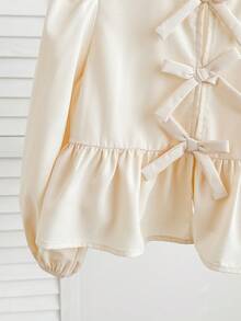 SHEIN LMoss Kids 女童纯色系带长袖简约休闲衬衫 - 杏色 - 查看 4