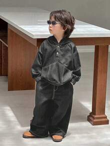 Dazy Kids 2pcs/Set Young Boys' Loose Casual Denim Jacket And Straight Leg Jeans Outfit, Autumn Spring - Dark Grey - View 4